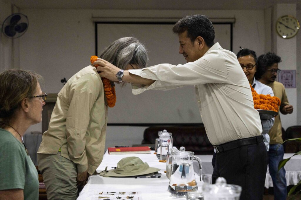 National Trust for Nature Conservation leaders given marigold necklaces to guests staying at Chitwan National Park on May 16, 2026.